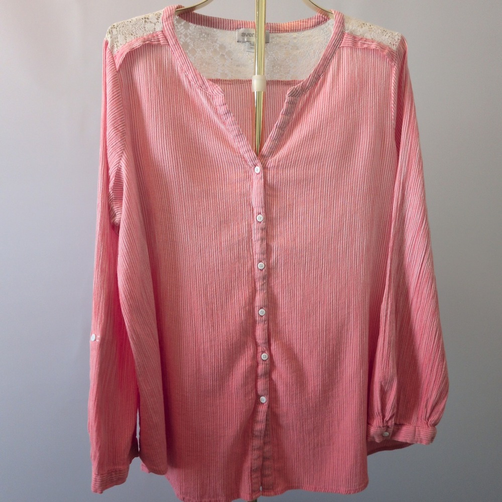 Avenue Blouse Women 14/16 Pink Striped Lace Yoke Roll Tab Sleeve Boho Top